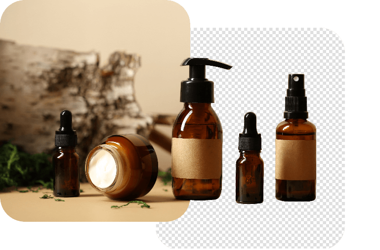 Imagem de produto com diferentes frascos com e sem fundo