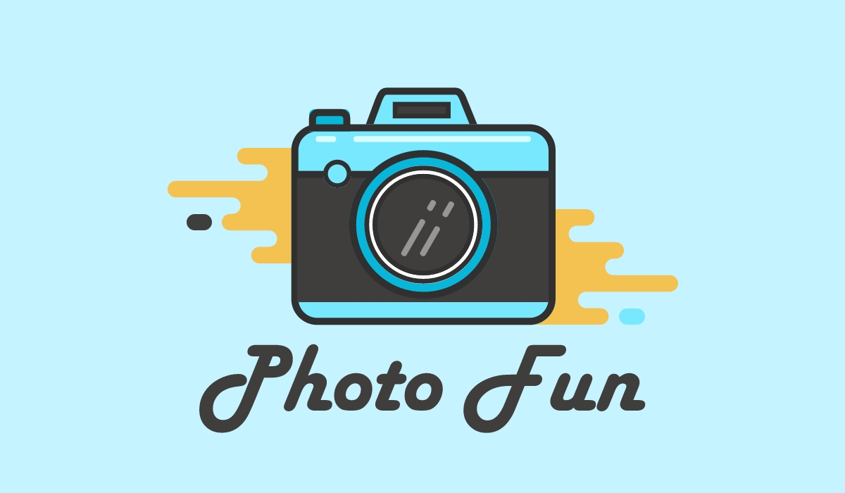 Ilustración de cámara con texto «Photo fun» sobre fondo azul